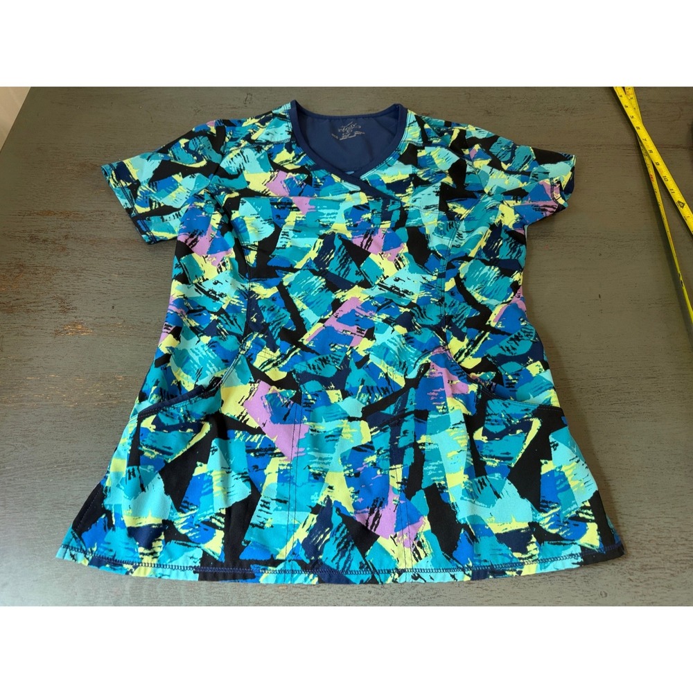Cherokee Infinity Women Small Scrub Top Blue Abstract Geometric V-Neck Stretch